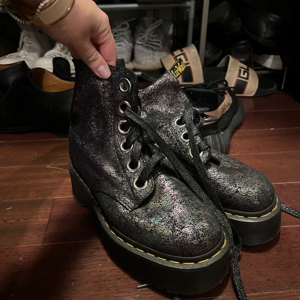 Doc Marten Platform Molly Combat Boots in Metallic Crinkle - Like New!